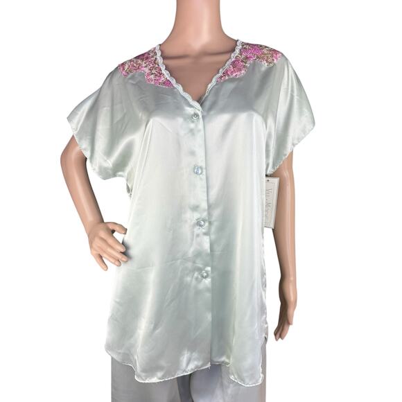 Vintage Val Mode Lingerie 2 Pieces Pale Green Satin Pant & Top Sleepwear Set M - Picture 7 of 12